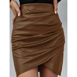 Efnaz Style Kadın Yüksek Bel Yandan Fermuarlı Pileli Mini Deri Etek - Kahve - 2XL - 3XL