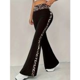 Efnaz Style Kadın Yüksel Bel Leopar Desen Detaylı Ispanyol Paçalı Dalgıç Pantolon - 2XL-3XL - Siyah