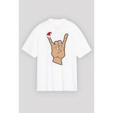 Efnaz Style Yılbaşı Noel Başlıklı Serçe Parmak Baskılı Oversize Bisiklet Yaka T-Shirt - Beyaz