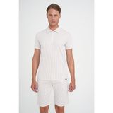 Efor Erkek Comfort Fit %100 Pamuk Dikine Çizgili Fermuarlı Polo Yaka Bej Tişört TS 906 - 2XL
