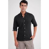 Efor Erkek Comfort Fit Düğme Yaka Katlanır Kol %100 Keten Düz Siyah Gömlek G 1595 - 4XL