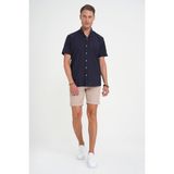 Efor Erkek Comfort Fit Düğme Yaka Kısa Kollu %100 Keten Düz Lacivert Gömlek G 1596 - 4XL