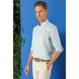 Efor Erkek Comfort Fit Düğmeli Yaka %100 Keten Apoletli Casual Mavi Gömlek G 1564
