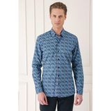Efor Erkek Comfort Fit Klapalı Yaka Baskılı %100 Pamuklu Mavi Gömlek G 1576 - 2XL