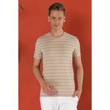 Efor Erkek Slim Fit Bisiklet Yaka Çizgili Pamuklu Bej T-Shirt TS 851 - 4XL