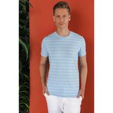 Efor Erkek Slim Fit Bisiklet Yaka Çizgili Pamuklu Mavi T-Shirt TS 851