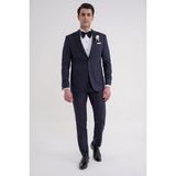 Efor Erkek Slim Fit Çıkarılabilir Saten Yaka Yelekli Lacivert Damatlık Smokin Takım Black 077 - 4 Drop - 56
