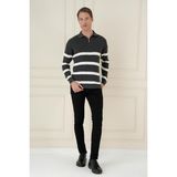 Efor Erkek Slim Fit Çizgili Fermuarlı Polo Yaka Antrasit Triko Kazak Kazak TR 877 - XL