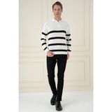 Efor Erkek Slim Fit Çizgili Fermuarlı Polo Yaka Ekru Triko Kazak Kazak TR 877