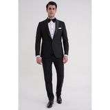 Efor Erkek Slim Fit Fleto Cep Çıkarılabilir Saten Şal Yaka Siyah Damatlık Smokin Takım Black 086 - 6 Drop - 46
