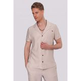 Efor Erkek Slim Fit Keten Karışımlı Rahat Kalıp Apaş Yaka Kısa Kollu Bej Gömlek G 1549