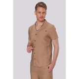 Efor Erkek Slim Fit Keten Karışımlı Rahat Kalıp Apaş Yaka Kısa Kollu Camel Kahverengi Gömlek G 1549
