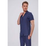 Efor Erkek Slim Fit Keten Karışımlı Rahat Kalıp Apaş Yaka Kısa Kollu İndigo Mavi Gömlek G 1549