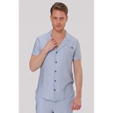 Efor Erkek Slim Fit Keten Karışımlı Rahat Kalıp Apaş Yaka Kısa Kollu Mavi Gömlek G 1549