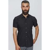Efor Erkek Slim Fit Önden Pensli %100 Pamuk Çıtçıtlı Kısa Kollu Siyah Gömlek GK 659