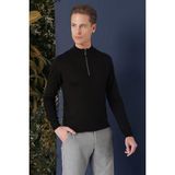 Efor Erkek Slim Fit Ribanalı Fermuarlı Yarım Balıkçı Yünlü Siyah Triko Kazak Kazak TR 861