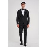 Efor Erkek Slim Fit Tek Düğme Fleto Cep Çıkarılabilir Saten Yaka Siyah Damatlık Smokin Takım Black 084 - 6 Drop - 46