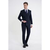 Efor Slim Fit Çift Yırtmaç Esnek Silik Çizgili Lacivert Kruvaze Takım Elbise Tk 946 - 6 Drop - 48