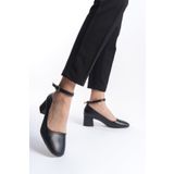 eformoda by emre yılmaz Siyah Cilt Kadın Bilekten Bağlamalı Kemerli Şık Rahat Klasik 5 Cm Topuklu Ayakkabı Drk021