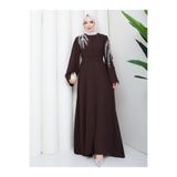 EFSUN MODA TAŞLİ ABAYA TESETTÜR GIYIM KADIN FERACE ELBISE KAHVE