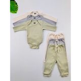 Efu Baby 3'lü %100 Pamuklu Unisex Bebek Body Pantolon Takım Gri Krem Nefti Uzun Kol Çizgili Tasarım - Gri - Krem - Nefti - 2 - 3 Yaş