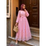 Efulim Womens Çiçek Desenli Modal Tül Şifon Elbise - Pembe