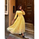 Efulim Womens Çiçek Desenli Modal Tül Şifon Elbise - XL - Sarı