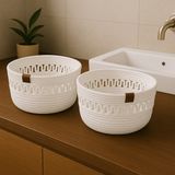 Efuliz Home Jüt Hasır Desenli 2'li Yuvarlak Sepet,düzenleyici-Organizer-Banyo-Saklama Sepeti,ekmek-Çeyizlk Sepet - Beyaz