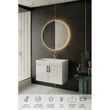 Ege 80 Cm Led Aynalı, 2 Kapaklı Banyo Dolabı Seti, Seramik Lavabo Dahil, Led'li Beyaz