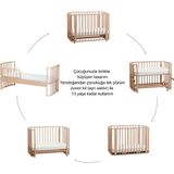 Ege Baby Doğal Ahşap 4 In 1 Beşik + Junior (Krem Leaf) 70 x 110 - Anneyanı, Karyola, Oyun Parkı, Montessori