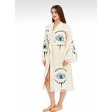Ege Cotton Mavi Göz Desenli Taş Baskılı Kuşaklı Pamuklu Müslin Kimono Peştemal Bornoz - Standart - Bej