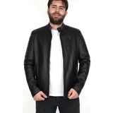 Ege Deri %100 Hakiki Kuzu Derisi Puntolu Erkek Siyah Mont Hakim Yaka - 6XL