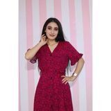 Egeli Moda Kısa Kollu V yaka Çiçekli Fuşya Gömlek Elbise - Açık Fuşya - 40