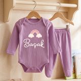 Egg Baby Isimli Kişiye Özel Yenidoğan Hastane Çıkışı 2 Li Bebek Takım %100 Pamuk Zıbın ve Pantalon Kız Bebek - 0 - 3 Ay - Mor - Somon