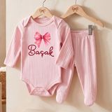 Egg Baby Isimli Kişiye Özel Yenidoğan Hastane Çıkışı 2 Li Bebek Takım %100 Pamuk Zıbın ve Pantalon Kız Bebek - 0 - 3 Ay - Pembe-004