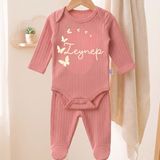 Egg Baby Isimli Kişiye Özel Yenidoğan Hastane Çıkışı 2 Li Bebek Takım %100 Pamuk Zıbın ve Pantalon Kız Bebek - 0 - 3 Ay - Somon - Bej