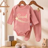 Egg Baby Isimli Kişiye Özel Yenidoğan Hastane Çıkışı 2 Li Bebek Takım %100 Pamuk Zıbın ve Pantalon Kız Bebek - 0 - 3 Ay - Somon