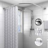 Eğimli Duş Perdesi Çubuğu Uzatılabilir L Şekilli Gergi Direği, Banyo için Paslanmaz Çelik Ray, Duş Perdesi ve Kancaları Dahil, (Boyut_isim, 70 ila 95 cm × 70 ila 95 cm)