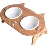 Eğimli Kedi Kafa Tasarımlı Su ve Mama Kabı Seti, Ahşap Stand ve Seramik Kase ile - Seçenek 1