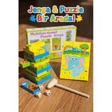 Eğitici Ahşap Resimli Jenga Ve Puzzle Seti - Çekiçli Denge Kulesi Zeka Oyunu (Montessori)