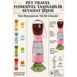 Ego Home Taşınabilir Kedi Köpek Suluğu 500 ml 3in 1 Arada Seyahat Su Şişesi Mama Kaseli ve Çöp Poşeti Hazneli - Pembe