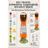 Ego Home Taşınabilir Kedi Köpek Suluğu 500 ml 3in 1 Arada Seyahat Su Şişesi Mama Kaseli ve Çöp Poşeti Hazneli - Turuncu