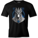Egyptian God Anubis With A Blue Temple Background Siyah Erkek Tshirt