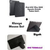 EHZ Teknoloji Apple iPad A16 11inç 2025 Uyumlu Standlı Tablet Kılıfı + Bluetooth Klavye Mouse Set - Siyah