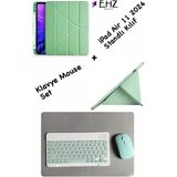 EHZ Teknoloji iPad Air 11 Katlanir Kalem Bölmeli Uyku Modlu Kapak Tablet Kılıf + Bluetoothlu Klavye Mouse - Açık Yeşil