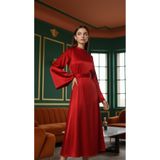 Eight Fashion Kadın Uzun Saten Kırmızı Viskon Belden Bağlamalı Kuşaklı Elbise