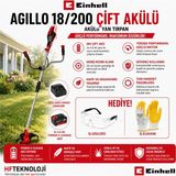 Einhell Agillo 18/200 Çift Akülü 4 Ah Yan Tırpan + Iş Gözlüğü ve Iş Eldiveni Hediye