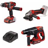 Einhell Akülü Alet Seti Power X-Change (Akülü avuç taşlama TE-AG 18/115-2 Li, Akülü darbeli vidalama TE-CD 18/48 Li-i, Akülü pnömatik matkap TE-HD 18/20 Li, 2 x 3.0 Ah akü, şarj cihazı) - 4257242