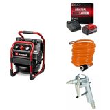 Einhell SILENZZO 18/160, Akülü Kompresör + 18V 5,2 Ah PXC Starter-Kit (Başlangıç Seti), Akü ve Şarj Cihazı + Spiral Hortum 6 mm, 4 m + Hava Tabancası - Kısa