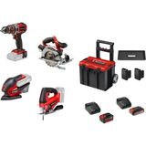 Einhell TP-CD 18/50 + TE-CS 18/165/1 + TE-OS 18/150 + TC-JS 18, Akülü Ahşap Seti (2,5 Ah Akü ve Şarj Cihazı,4,0 Ah Akü ve Şarj Cihazı ve Çanta Dahildir)